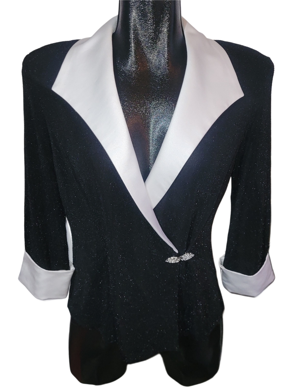 Black Sparkle Blazer with White Satin Lapel And Cuffs